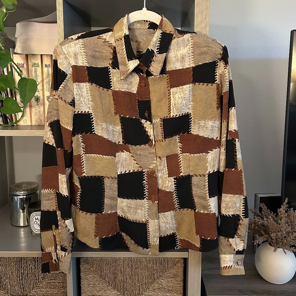 Patchwork Print Graphic Button Down Shirt with Shoulder Pads - Small